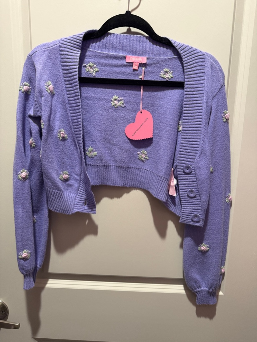 Sugar Thrillz Lavender Cropped Cardigan with Floral Embroidery